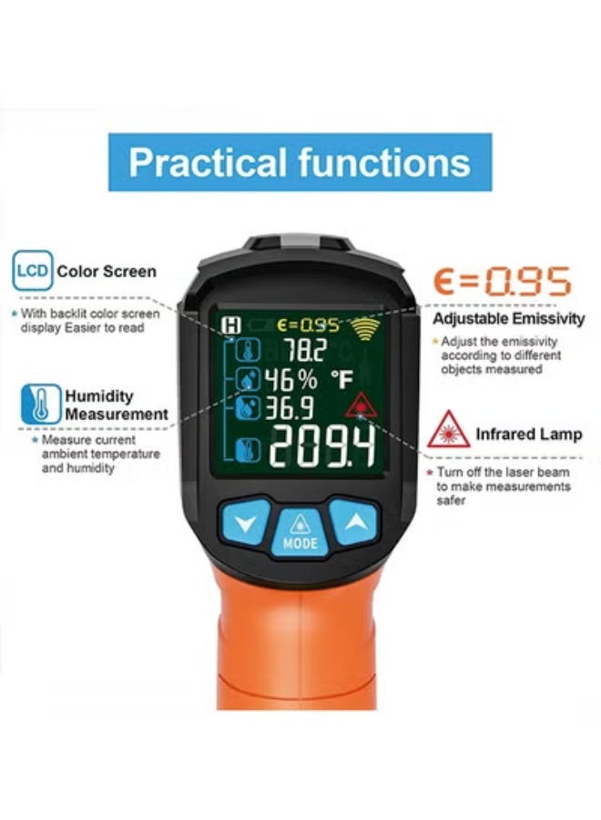 MESTEK Infrared Thermometer Gun, Non Contact Digital Laser Thermometer Temperature Gun with Color LCD for Cooking, Home Repairs, Humidity Measurement, Adjustable Emissivity -58°F to 1472°F(-50~800°C) - Image 4